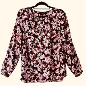 J. Jill L plum lavender brown floral button front long sleeve gathered back blou